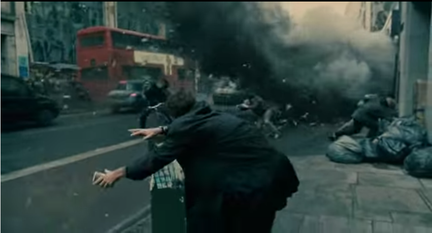 Click to view film clip in criticalcommons.org:  "Opening explosion and aftermath from CHILDREN OF MEN"